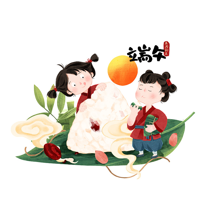 端午节吃粽子的男孩女孩插画下载