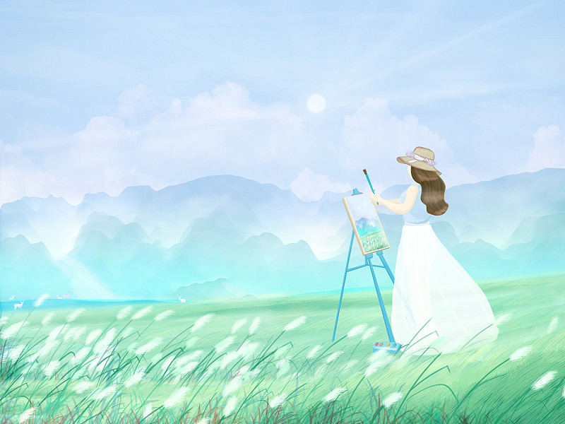 夏天美丽长裙女孩在户外草坪上写生画画图片素材