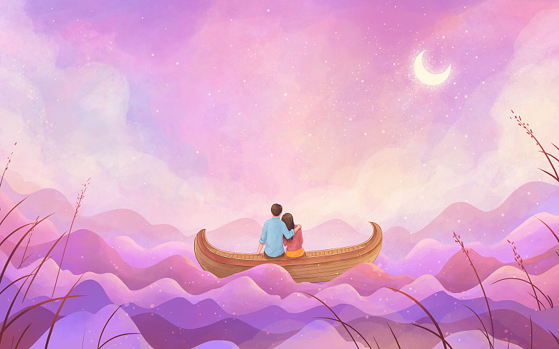 坐在小船上的情侣梦幻情人节插画下载