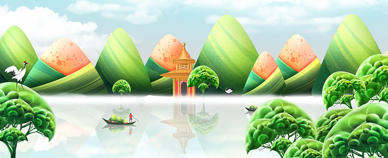 绿色端午节插画巨型粽子山水插画图片