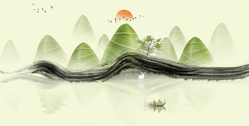 手绘端午节粽子山水插画图片