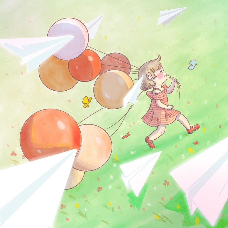 拿着气球奔跑的小女孩插画图片