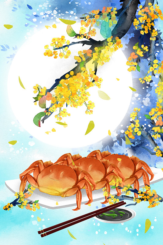 中国传统节日中秋节吃螃蟹插画下载