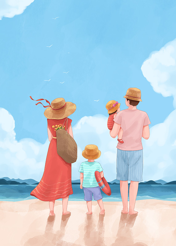 家庭海边度假清新插画竖版2图片