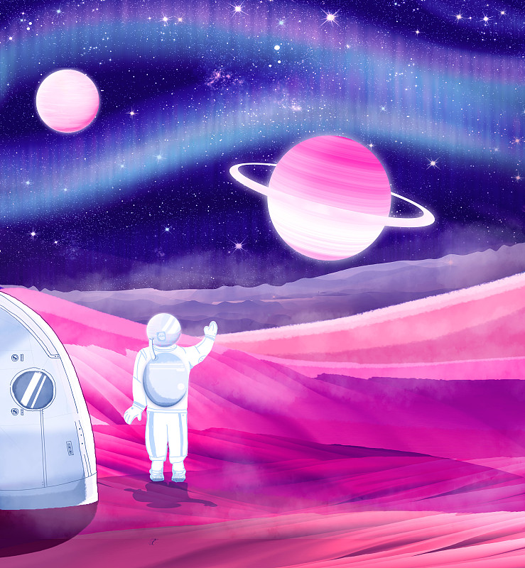 宇航员在外太空星球陆地上数星星插画背景下载