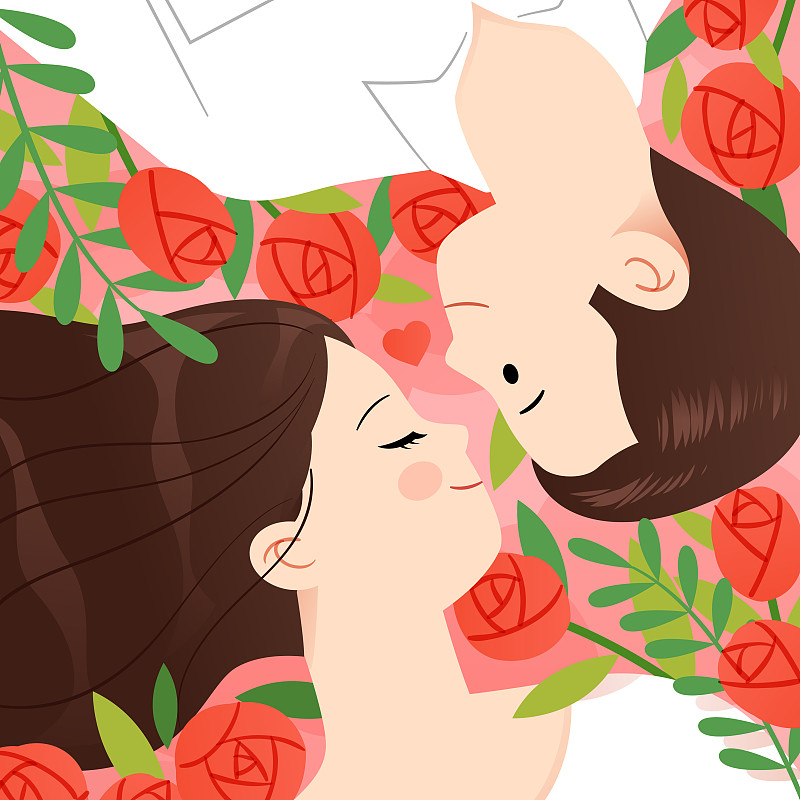 一对情侣躺在玫瑰丛中图片素材