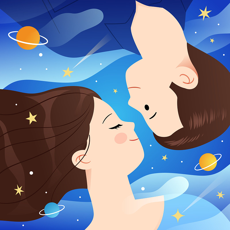 一对情侣躺在星空背景中图片素材