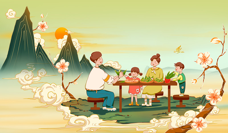 一家人正在包粽子中国风国潮风端午节插画下载