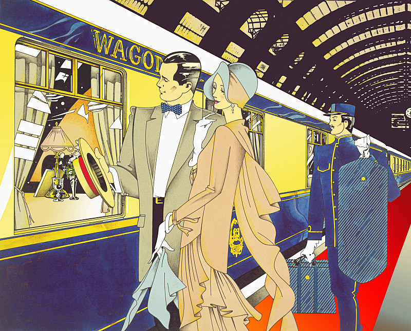 迷人的20世纪20年代的男人和女人登上火车与搬运工提着行李图片素材
