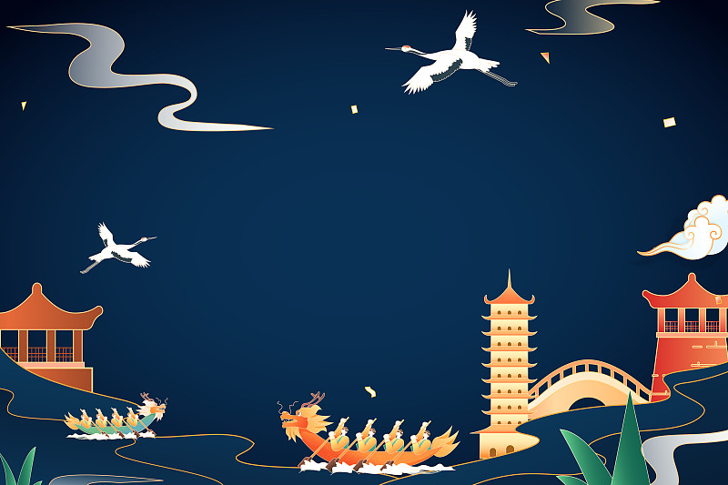 端午节传统节日习俗赛龙舟龙王神龙中国风国潮背景矢量插画图片