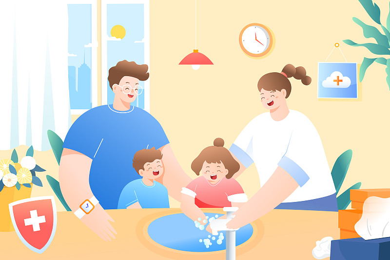 儿童节父亲妈妈家人家庭环境洗手注意卫生医疗健康保险矢量插画图片