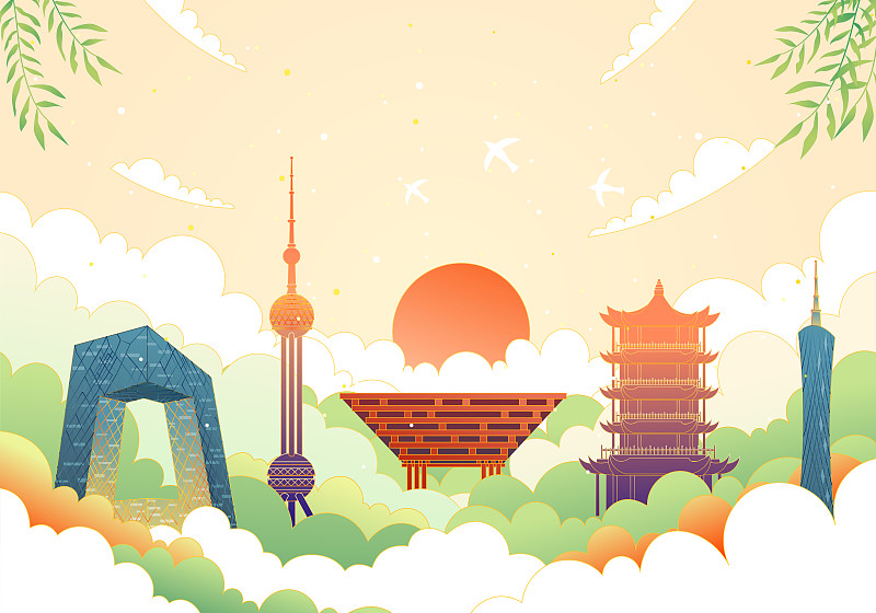中国城市建筑组合矢量插画下载