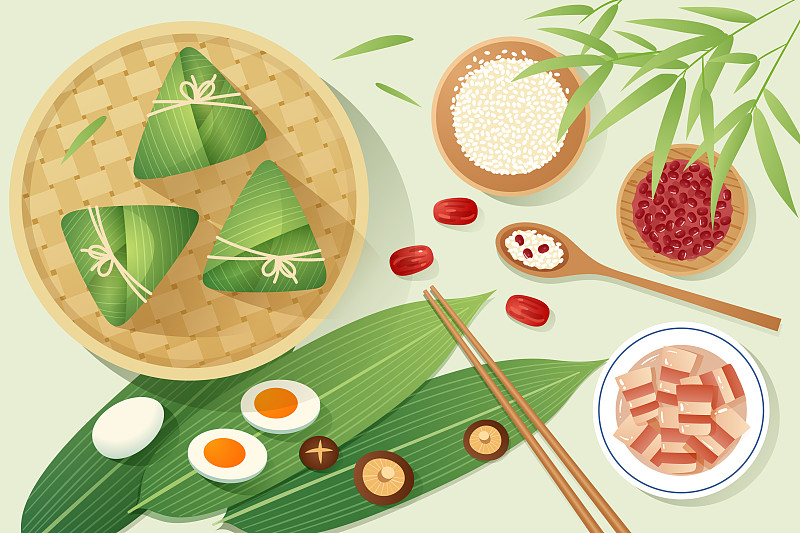 竹叶旁的粽子粽叶和糯米红豆五花肉等食材图片素材