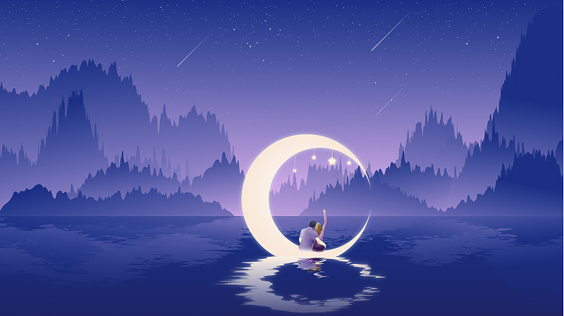 星空下的群山和湖面上坐在弯月上的情侣矢量插画图片