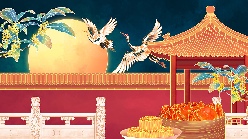 中秋节夜晚桂花树下的月饼和大闸蟹图片下载