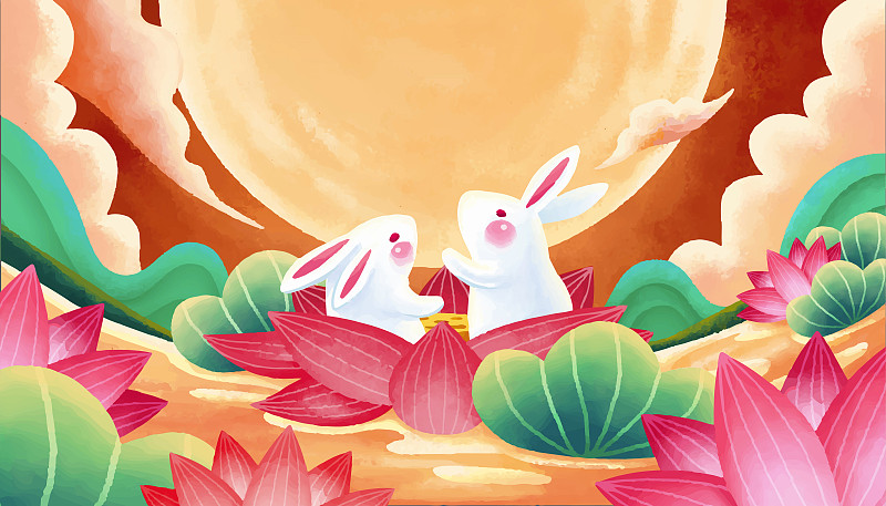 中秋节玉兔在荷塘赏月横幅图片下载