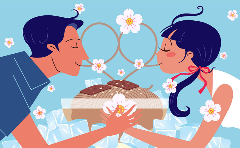 矢量插图的夫妇吃荞麦面与心形面条和樱花图片素材
