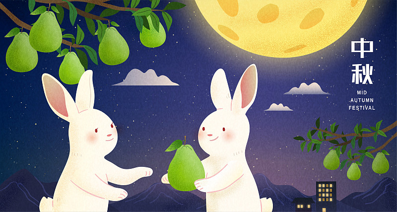 中秋分享柚子的玉兔插图图片下载