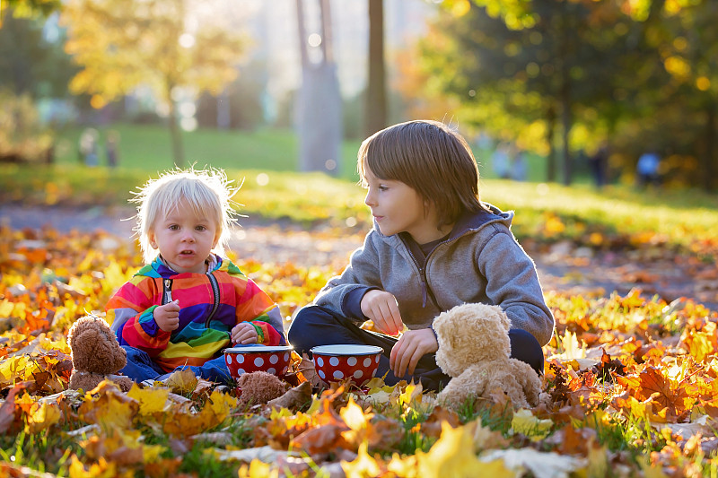 两个孩子在落叶中吃饭图片下载