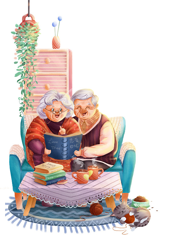 情人节插画-老年夫妻坐在沙发一起回味相册图片