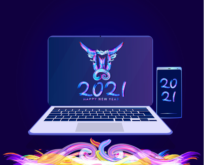 2021新年炫彩荧光色艺术字的牛头插画下载