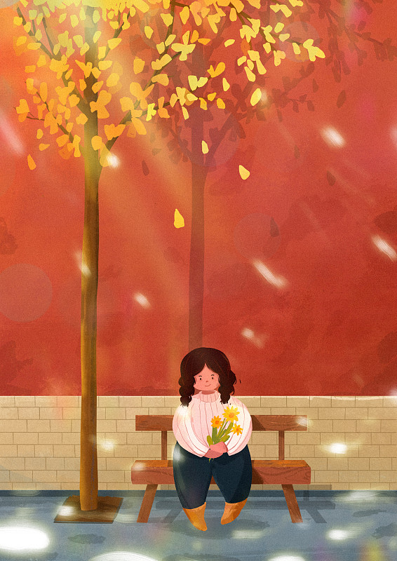 秋天坐在树下的小女孩图片下载