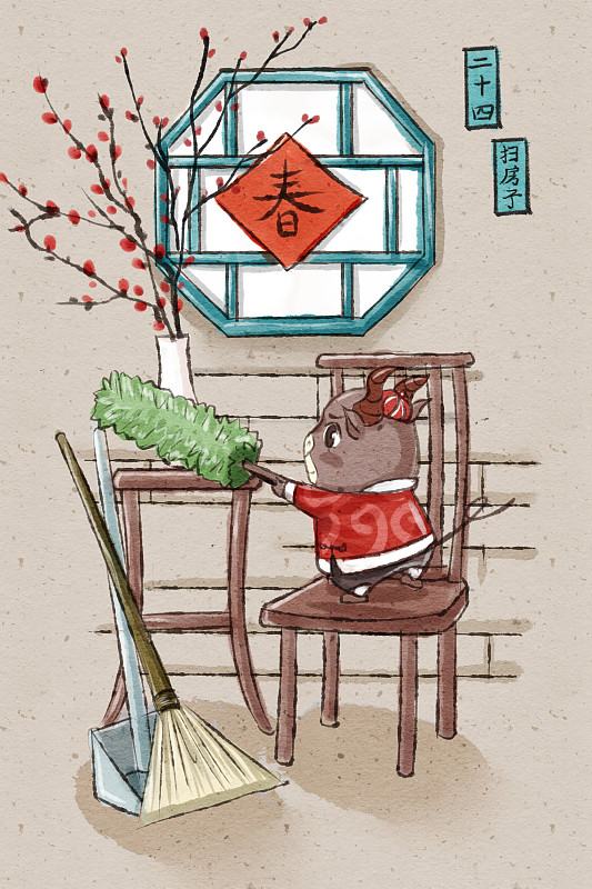 十二生肖牛年中国风春节民俗系列之二十四扫房子图片素材