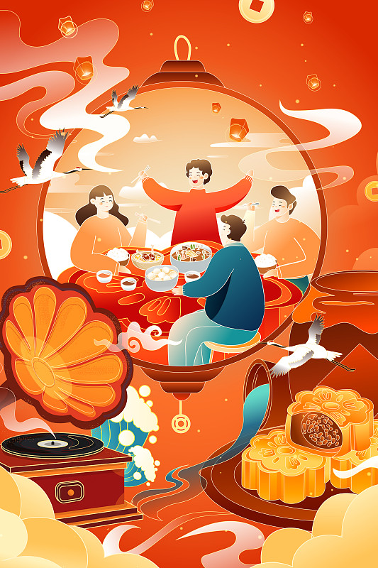 卡通中秋节家人团圆朋友吃饭聚餐美食电商中国风矢量插画下载
