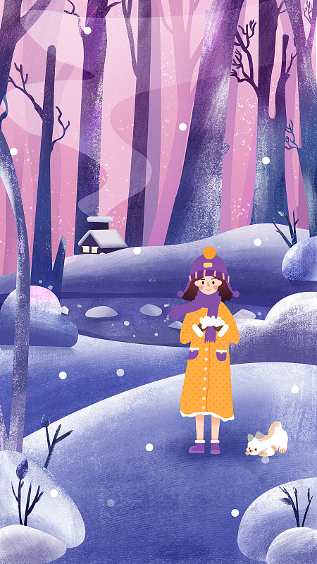 插画节气季节女孩冬天雪花户外河流结冰寒冷路图片