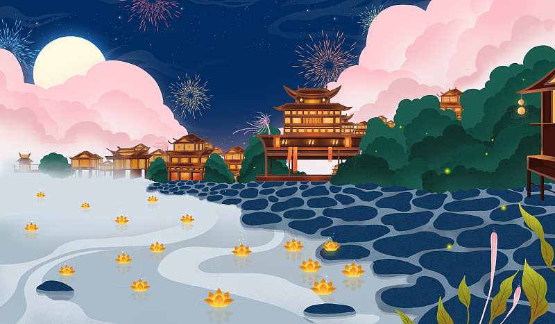 古镇灯火通明的夜晚 中国风插画图片