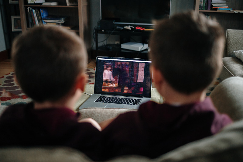 两个男孩在家里用笔记本电脑看电影的后视图，莉娜，美国图片素材