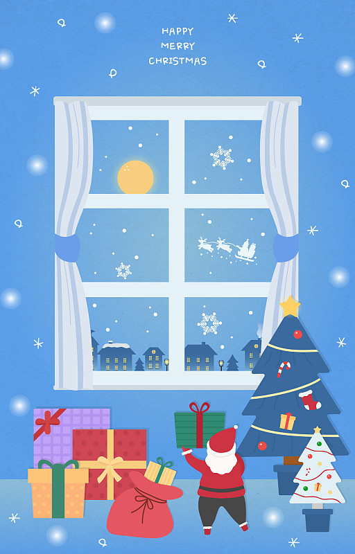 插图，圣诞节，圣诞老人，村庄，冬天，雪，诞生，背景图片素材