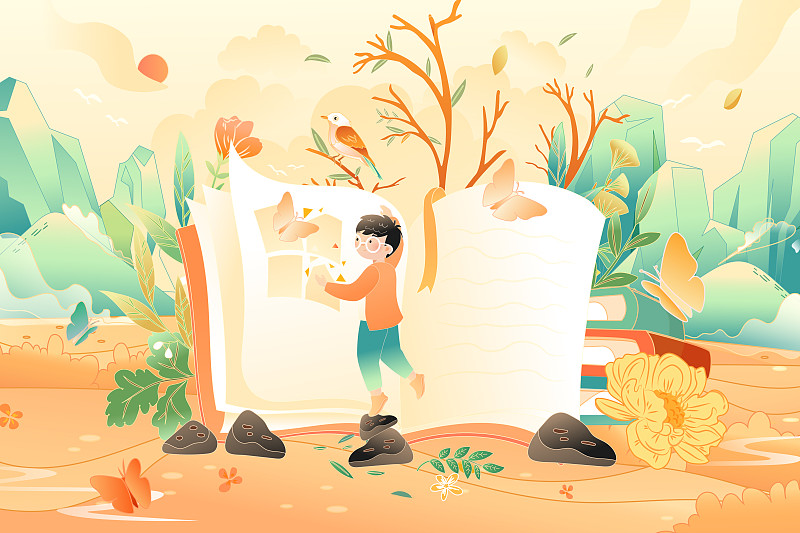 卡通儿童教育学习文学读物开学季新学期秋季自然风景矢量插画下载