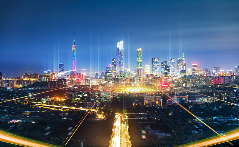 夜景广州市区中心交通城市天际线建筑数据网络科技经济金融区图片素材