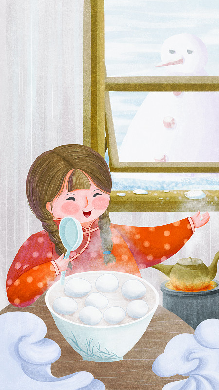 外面在下雪，小女孩在家吃汤圆图片下载
