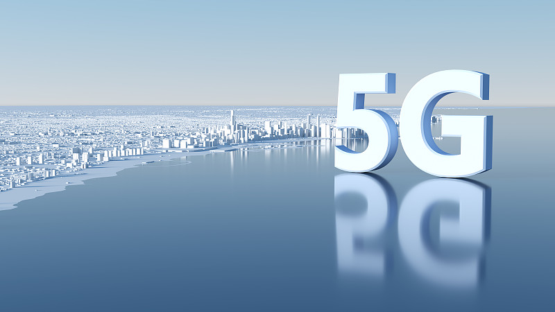 三维渲染的5G字体和白色城市图片下载