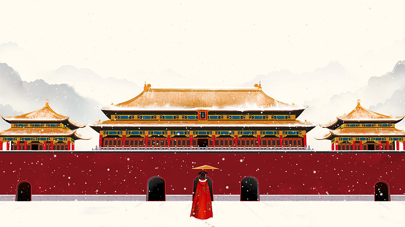 唯美故宫雪景中国风手绘水墨画图片下载
