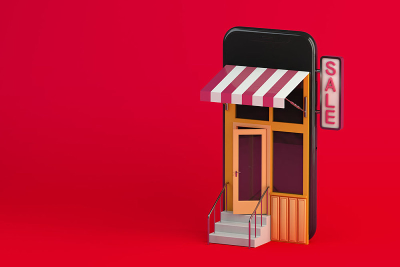 3D插图的手机作为零售商店与销售标志在红色的背景图片素材