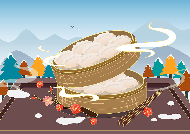 国风美食节日蒸饺饺子矢量插画图片