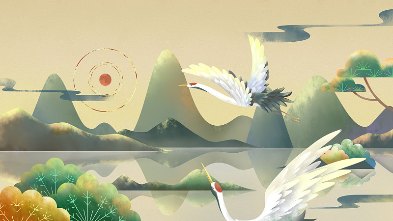 仙鹤和松柏，太阳与山水，唯美国潮风美景插画图片