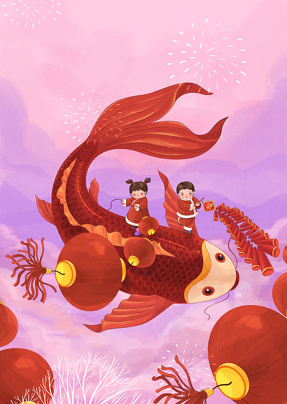 新年红色锦鲤与儿童插画竖版下载