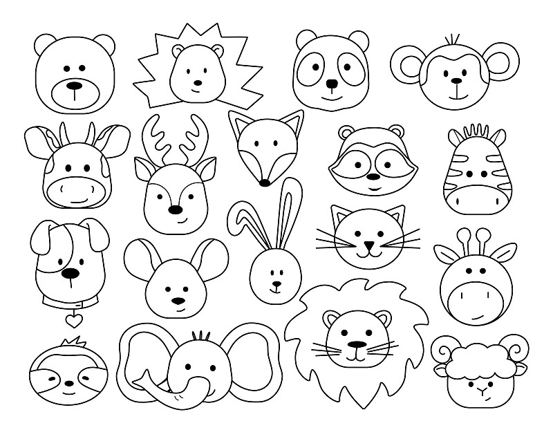 一组动物的头在一个幼稚的卡通风格图片