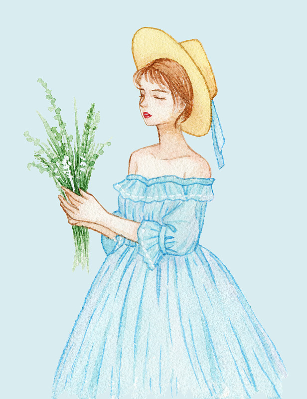 蓝色连衣裙戴草帽的少女手拿一束花水彩插画图片