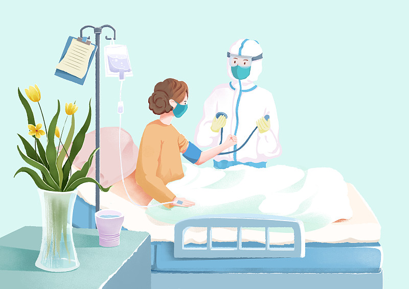 蓝绿色小清新护士给患者量血压场景插画图片