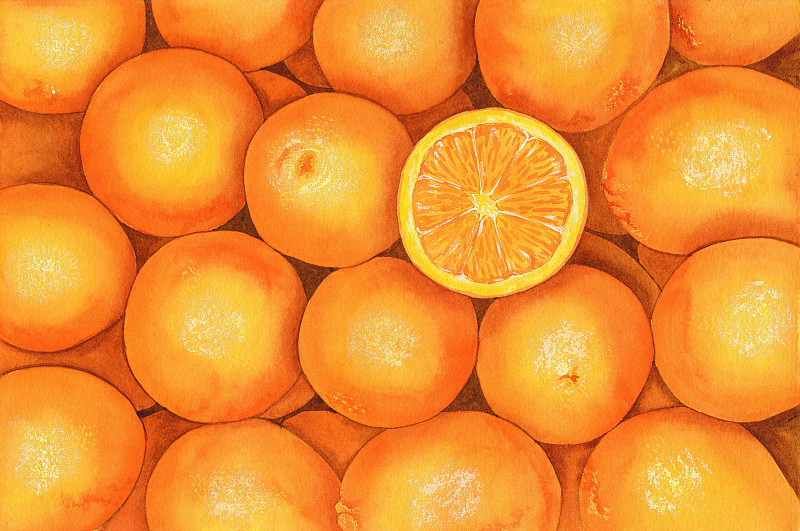 手绘水彩很多水果脐橙橙子素材元素插画下载