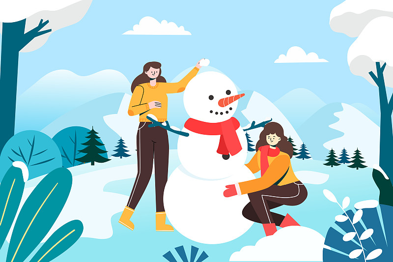 冬天雪后愉快堆雪人的女孩们矢量插画下载