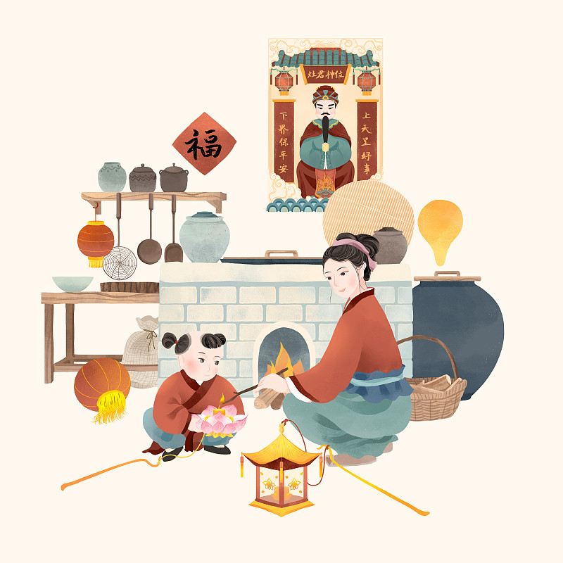 中国古代传统年俗正月十三灶下点灯插画下载