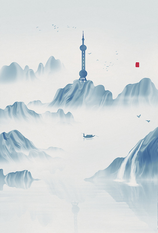 上海东方明珠地标建筑山水画图片下载