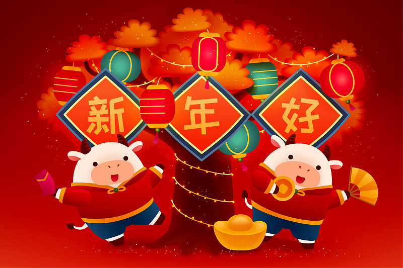 中国新年树下赏灯生肖牛插图图片素材