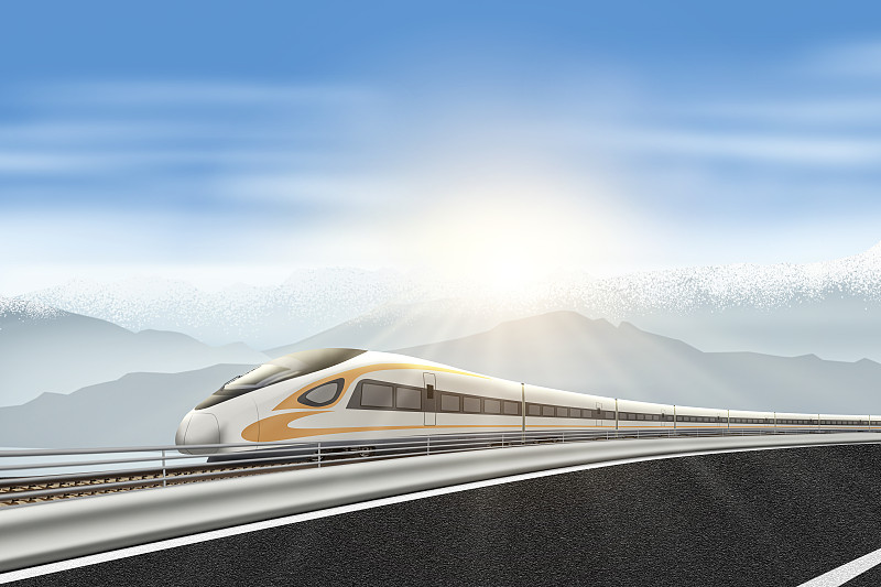 雪山下的高速列车和道路图片下载